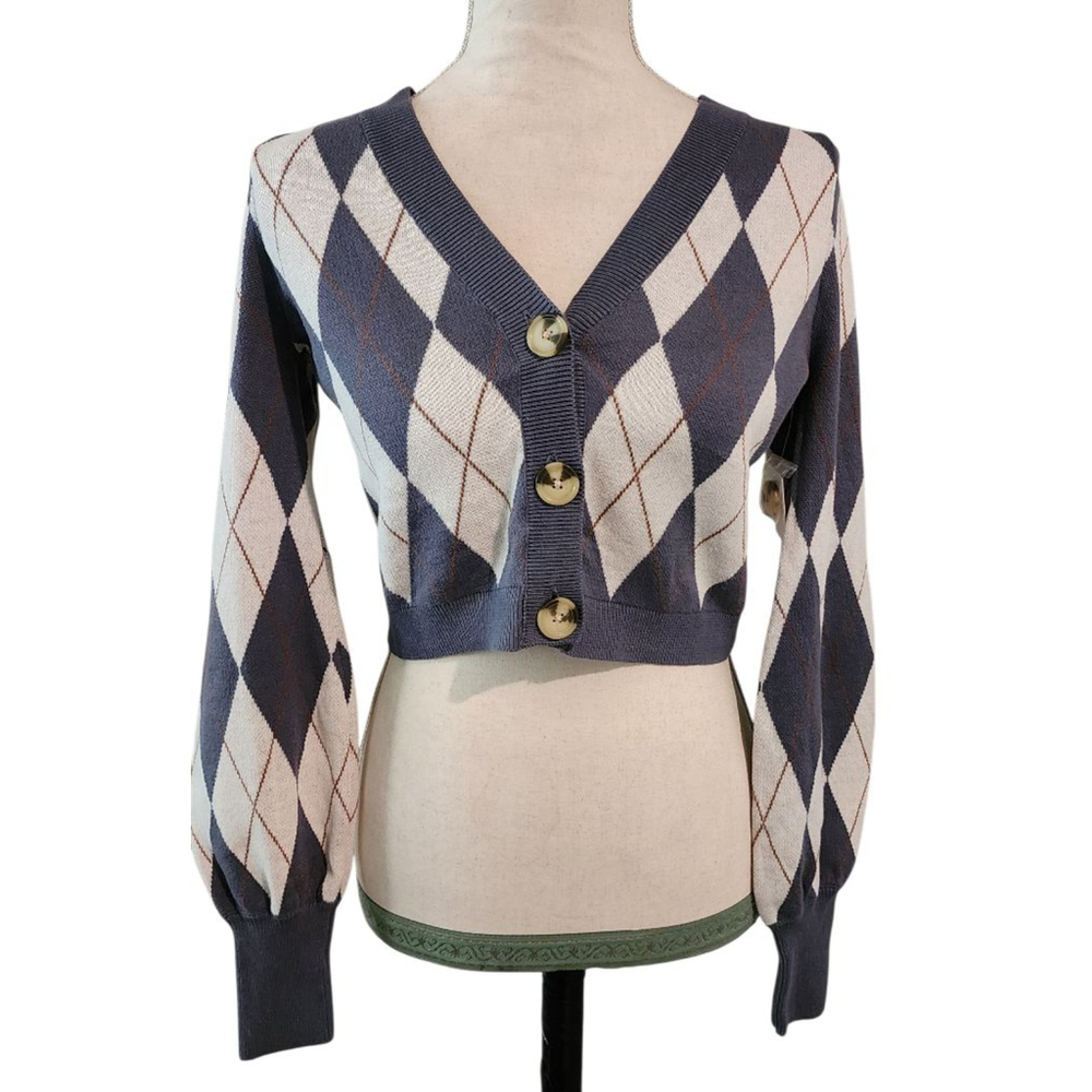 Women's SO Blue White Argyle Harlequin Cardigan Sweater XS NWT